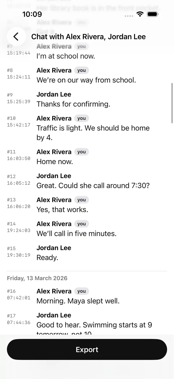 Messages with dates and senders in Text Exporter