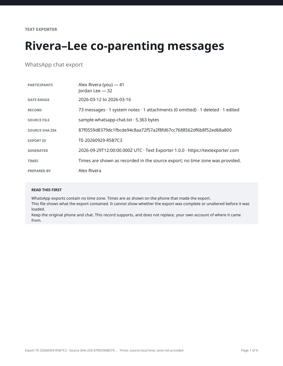 Cover page of a Text Exporter PDF